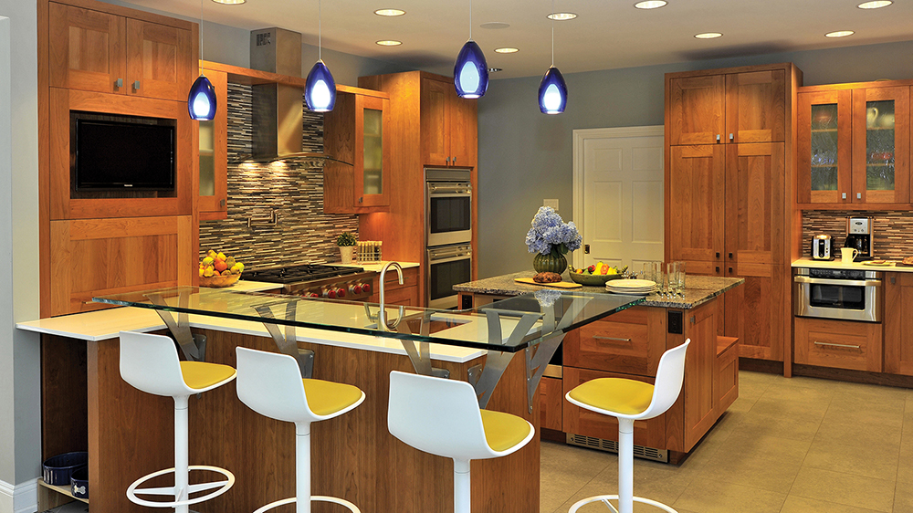 Glass countertop with Valencia Elevated support in a kitchen.